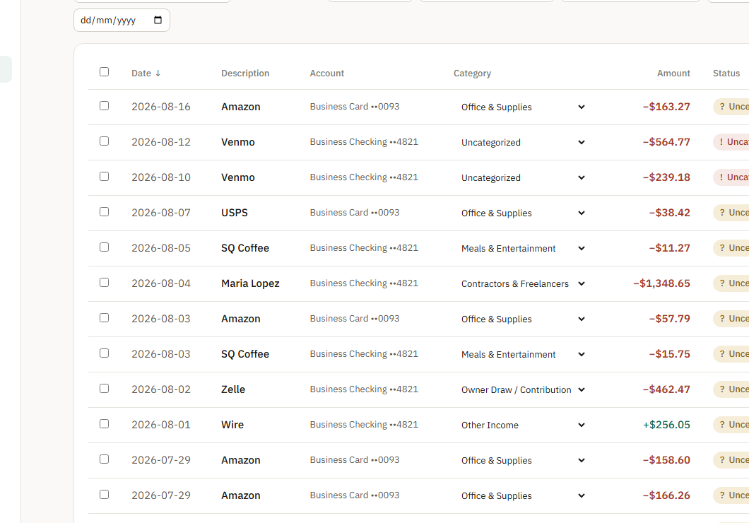 A close-up of the transactions screen filtered to flagged rows: dates, merchants, inline category selects, amounts, and status pills.